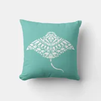 Tribal Manta Ray Spirit Animal Blue and White Throw Pillow