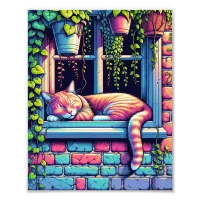 Sleepy Cat in Window Sill Ai Art Photo Print