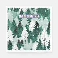 Snowy Landscape Evergreen Forest Merry Christmas Napkins