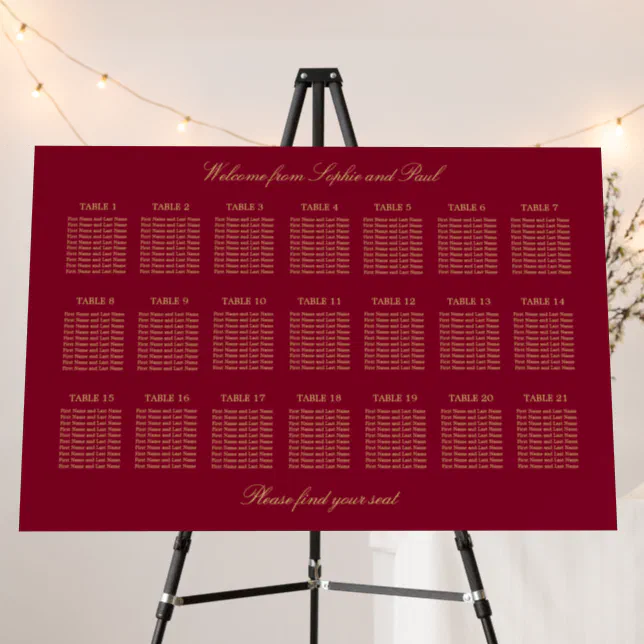 Burgundy Gold 21 Table Seating Chart Foam Board