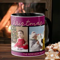 Festive Burgundy Merry Christmas 3 Photos Collage Mug