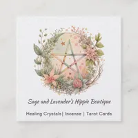 Watercolor Pentagram and Flowers Square Business Card