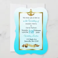 Ocean Blue Anchor  Gold Wedding Invitation