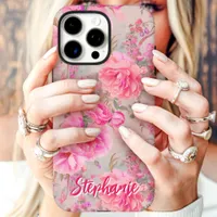 Pink Vintage Floral Custom Name iPhone 16 Pro Max Case