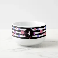 Trendy Floral Black & White Stripes Personalized Soup Mug