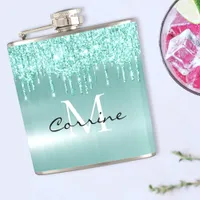 Monogram Aqua Blue Dripping Glitter Custom Flask