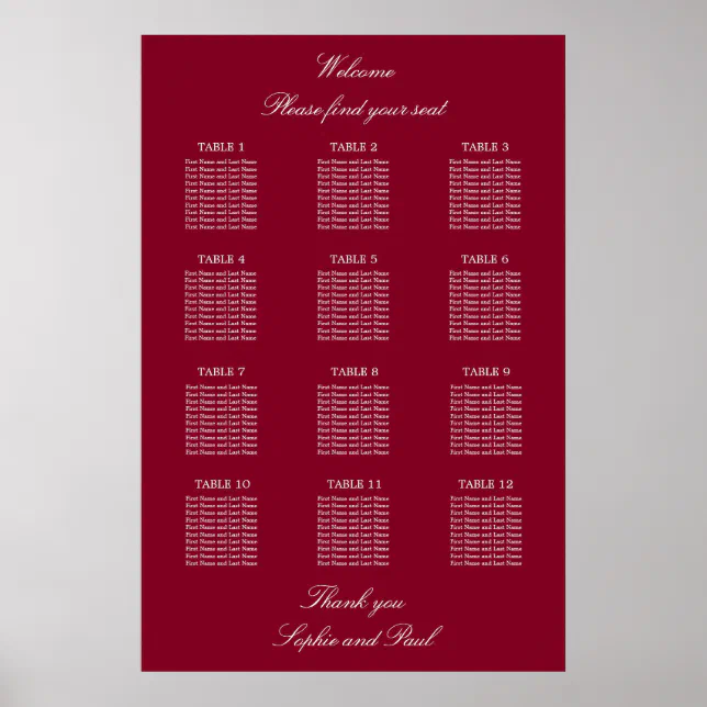 Burgundy 12 Table Wedding Seating Chart Poster