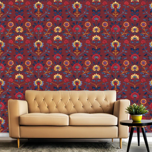 Antique Colorful Indian Floral Motif Pattern Room  Wallpaper