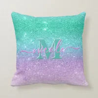 Monnogram Name Mermaid Ombre Glitter Throw Pillow