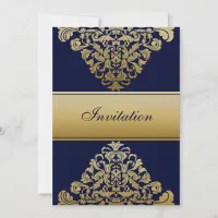 Elegant Filigree Navy Gold Wedding Invitation