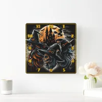 Three witches under a full moon on Halloween night Square Wall Clock