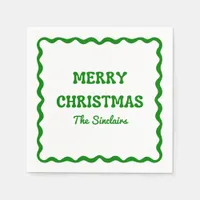 Fun Modern Wavy Border Green Christmas Party Napkins