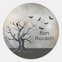 Spooky Halloween Tree with Raven and Bats Classic Round Sticker