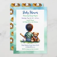 Baby Boy of Color with his Teddy Bear Baby Shower Invitation