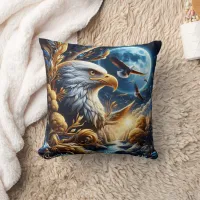 Eagle Perched on Branch Under Moonlit Sky Throw Pillow