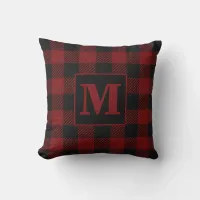 Rustic Red Buffalo Plaid Farmhouse Monogram Throw Pillow