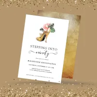Stepping Into 90 Chic Floral Gold Heels Birthday Invitation