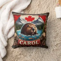 Canadian Beaver, Flag, Mountain View Throw Pillow