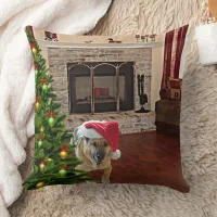 Santa German Shepherd Dog by Christmas Tree Throw Pillow