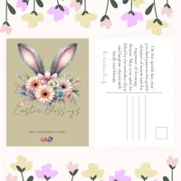 Easter Beige Floral Bunny Rabbit Ears Family Name  Holiday Postcard