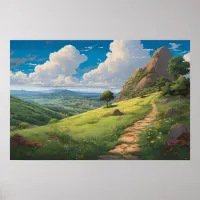 Oil painting winding path hilltop meadow poster