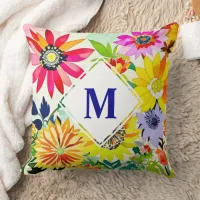 Watercolor Flowers Monogrammed  Throw Pillow