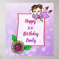 Pretty Brown Hair Fairy Girl Happy Birthday Poster