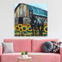 Pretty Black Horse and Rustic Barn with Sunflowers Canvas Print