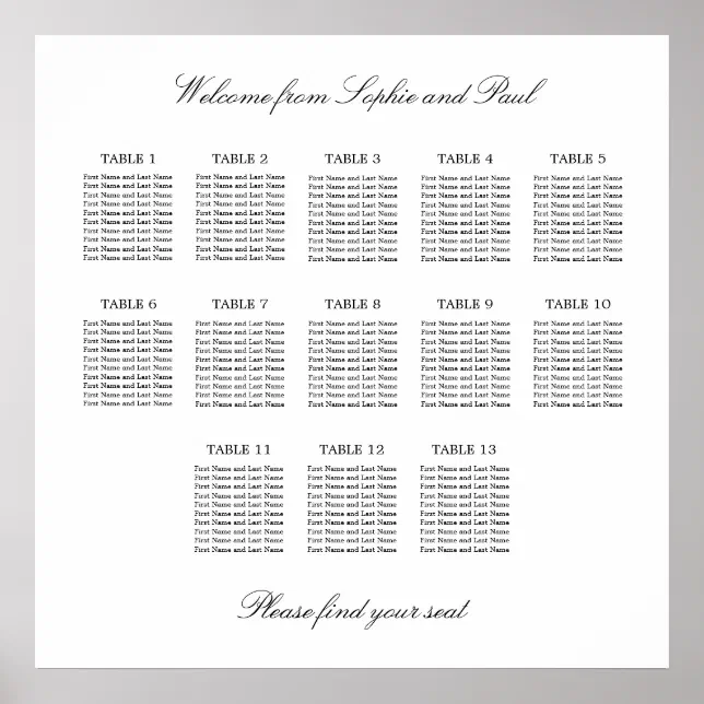 13 Table Elegant Minimalist Seating Chart