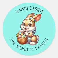 Personalized Vintage Easter Bunny and Basket Classic Round Sticker