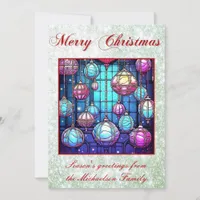 Christmas Stained Glass Baubles Green Glitter Holiday Card