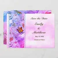 Butterfly Heart Pearls Floral Serenity Pink Roses Save The Date
