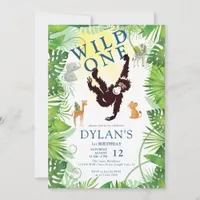 Cute Monkey Wild One Jungle Safari Boy 1st Bday Invitation