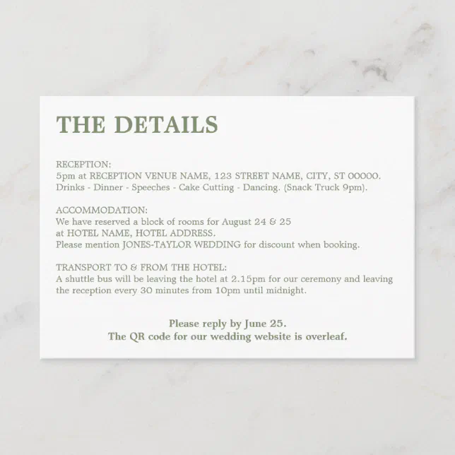Minimal Sage Green QR Code Wedding Details Enclosure Card