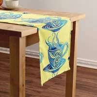 Artistic Blue Coffee Cup with Swirling Patterns Short Table Runner