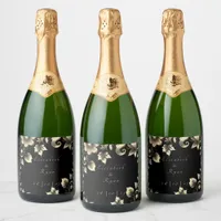 Elegant Black and Gold Floral Wedding  Sparkling Wine Label