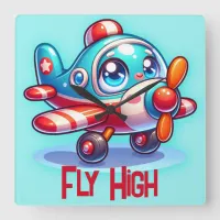 Monogrammed Cartoon plane blue | Square Wall Clock