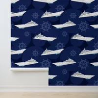 Cruise Ship Nautical Navy Blue and White Pattern Wallpaper