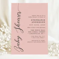 Soft Coral Simple Modern Script Baby Shower Invitation