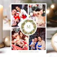 Watercolor Wreath 4 Photo Collage Monogram Family Holiday Card