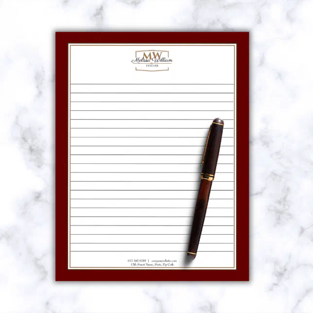 Simple Red Monogram Lined Business Notepad