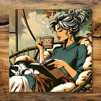 Cozy Lady Reading with Coffee and Cat Card Poster