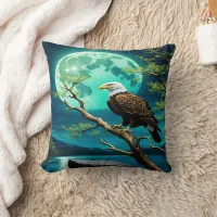 Eagle Perched on Branch Under Full Moonlight Throw Pillow