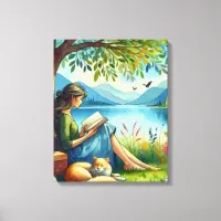 Girl Reading a Book under a Tree with a Sleepy Cat Canvas Print