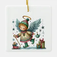 Whimsical Christmas Angel on Ice Skates Ceramic Ornament