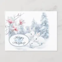 Cute White Rabbits in Snow Winter Holiday Postcard