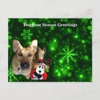 German Shepherd, Toy Reindeer, Green Snowflakes Holiday Postcard