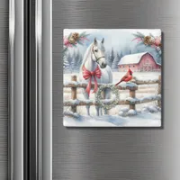 White Christmas Horse and Cardinal  Magnet