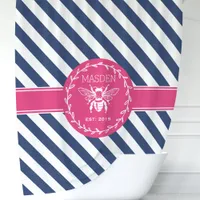 Hot Pink and Navy Stripes Honey Bee Monogram Shower Curtain