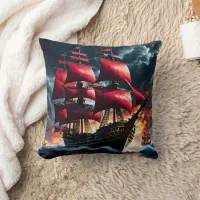 Red Sailed Pirate Ship Battling Stormy Seas Throw Pillow